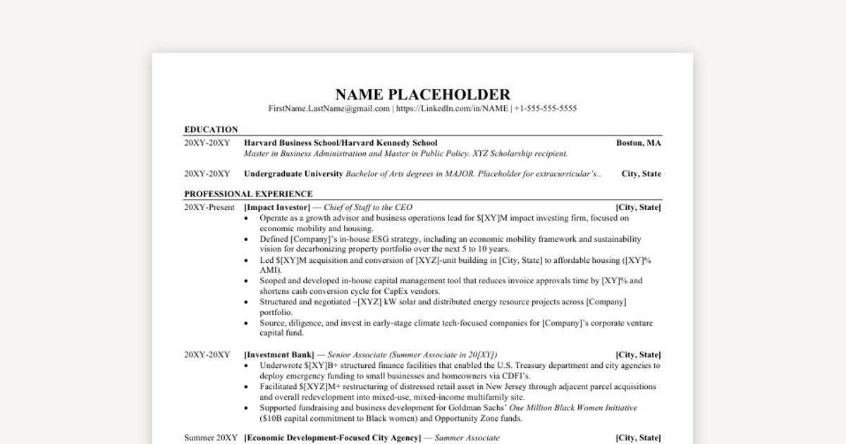 Resume Example - Consulting, IB, and Impact Investing