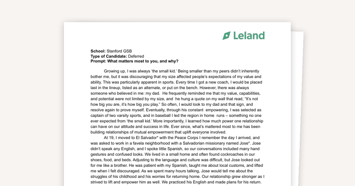 Stanford GSB Essay: What Matters Most (Deferred)