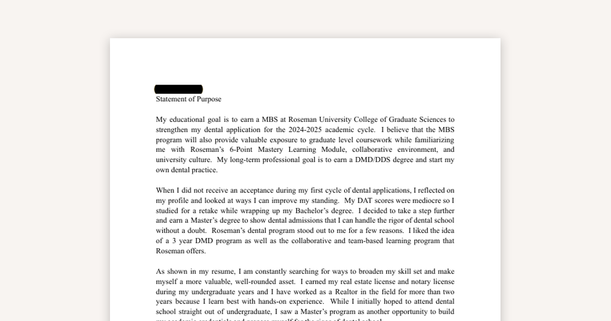 Roseman University Statement of Purpose
