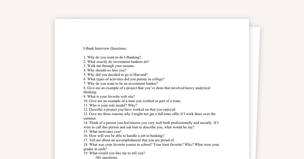 Investment Banking Interview Question Bank: Fit Questions