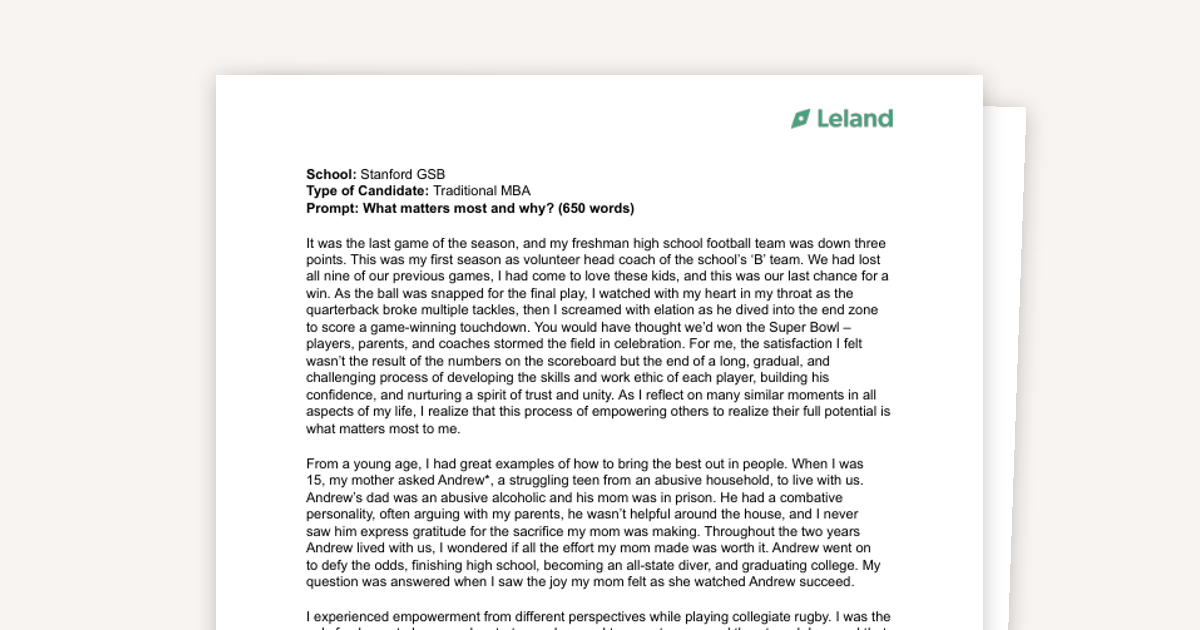 Stanford GSB Essay: What Matters Most & Why?