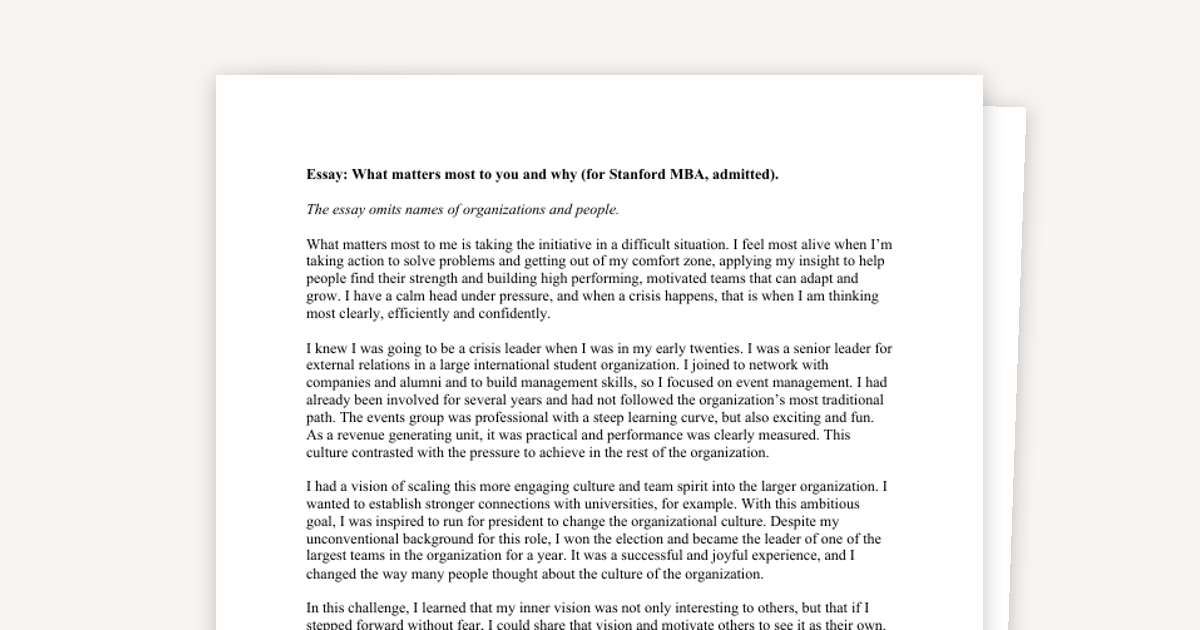 Stanford GSB Essay: ‘What Matters Most to You, and Why’ (Admitted)