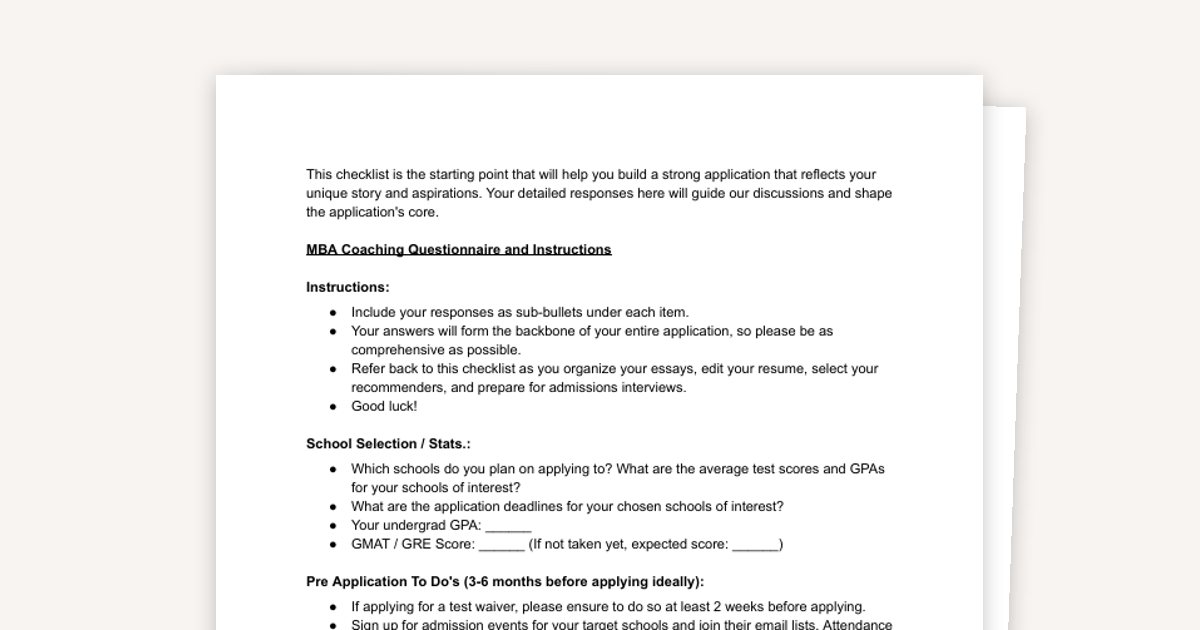 Comprehensive MBA Application Checklist & Coaching Questionnaire