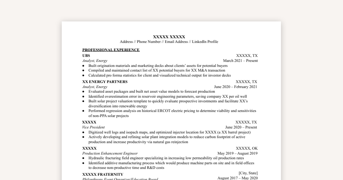 Booth Deferred MBA Resume: Energy & BizOps Sample