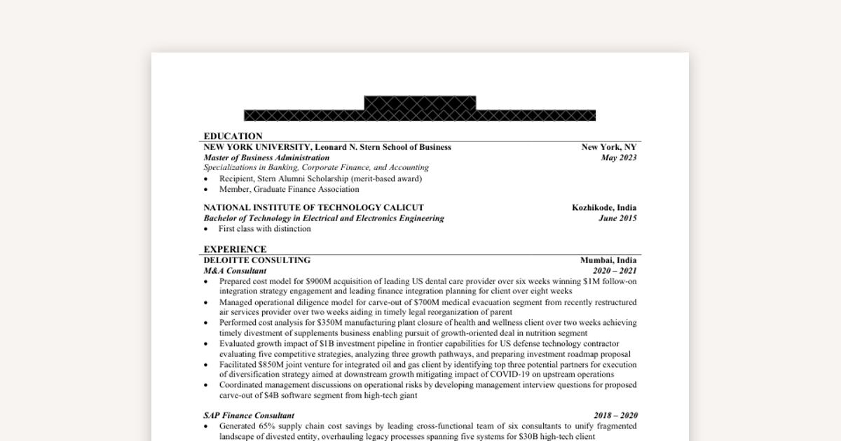 Example Investment Banking Resume: Summer Associate
