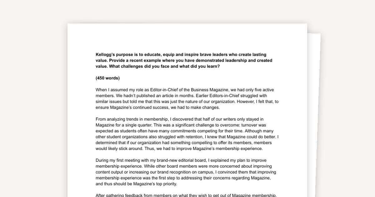 My Winning Kellogg Deferred MBA Essays