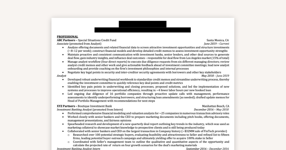 Finance Resume Example (IB & Credit Investing)