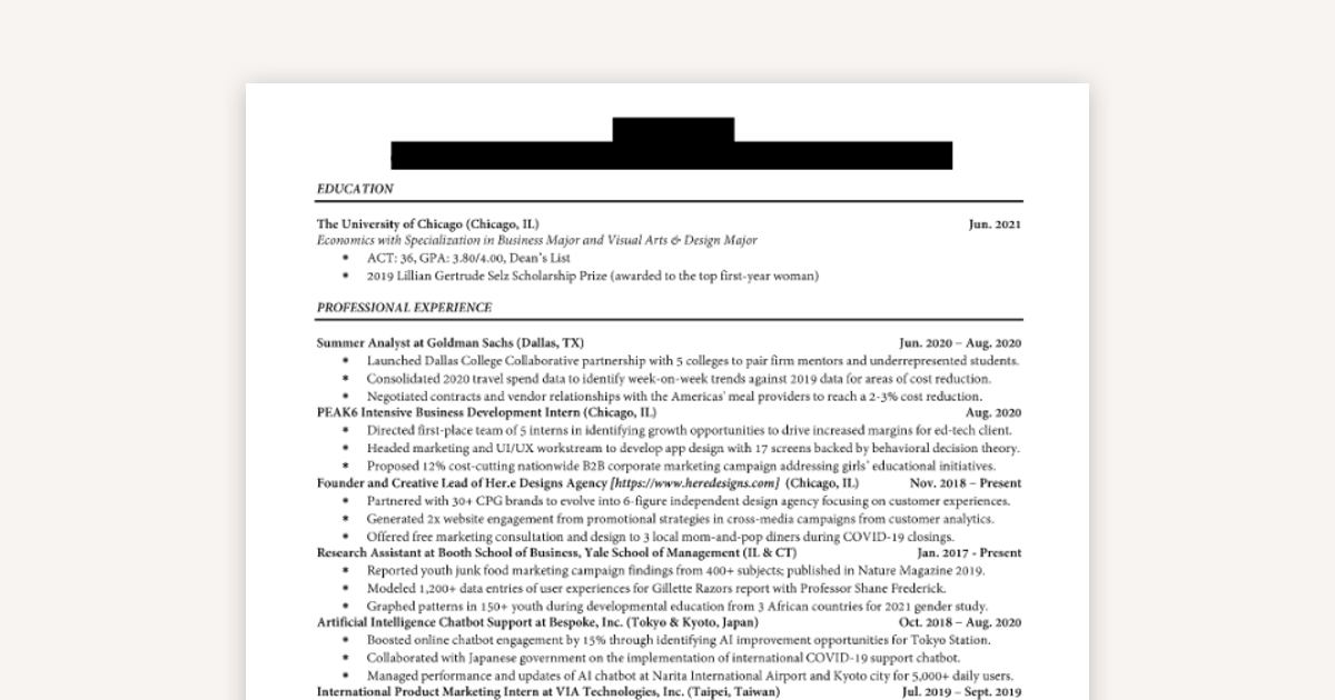 Example - Bain & McKinsey New Grad Full-Time Offer Resume