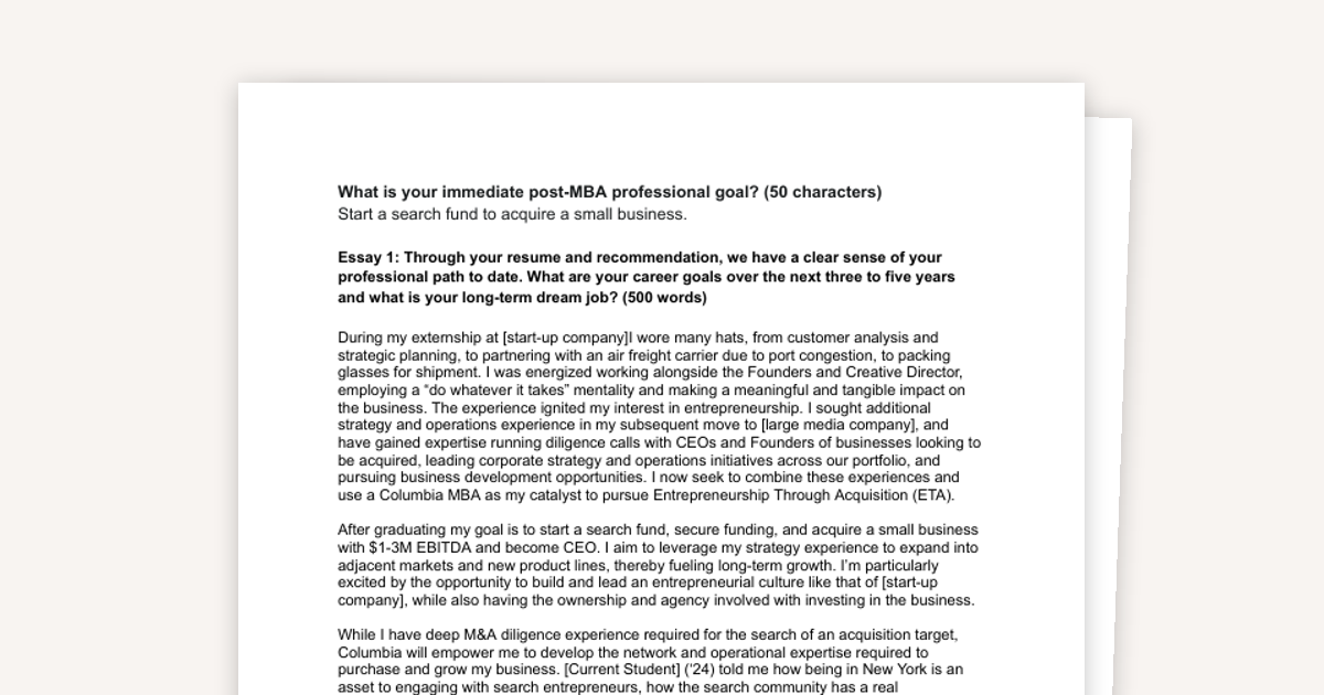 Columbia MBA Essay Examples (Consultant / Corp Dev / ETA / LGBTQ)