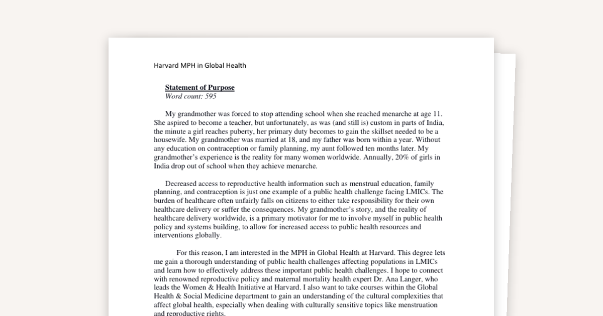 Sample Harvard MPH Global Health: Statement of Purpose