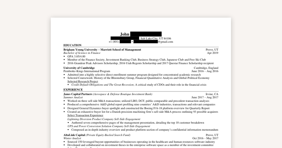 Resume Example for Sophomore Internships