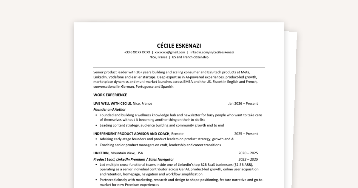 Product leader resume example