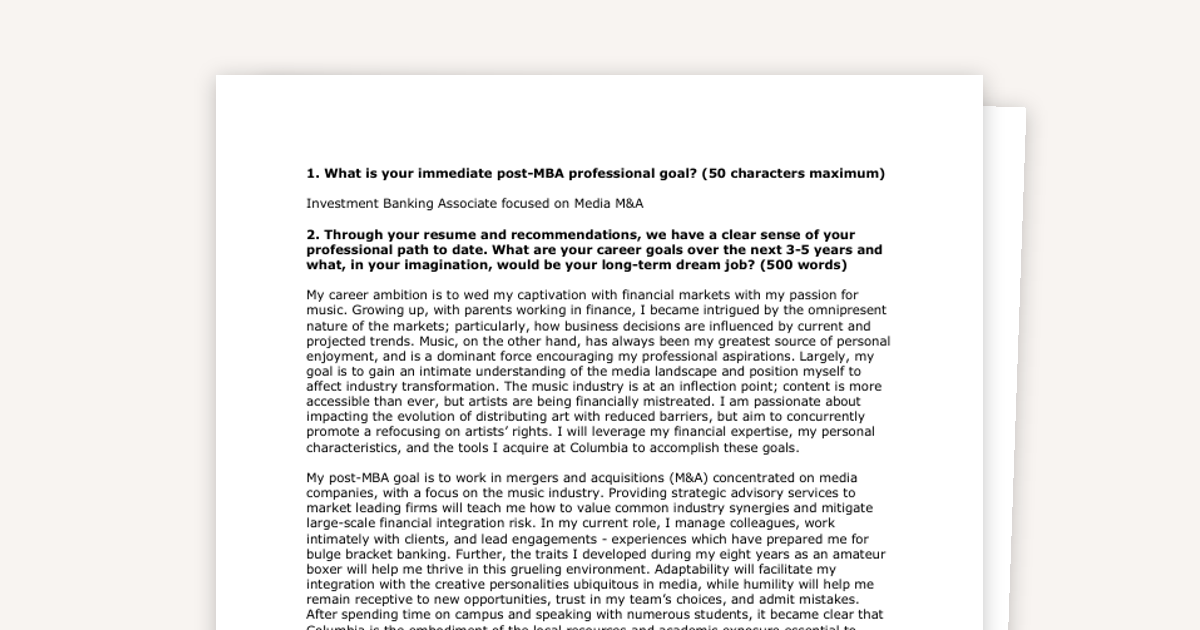 Columbia Business School Example Essays - Finance Background
