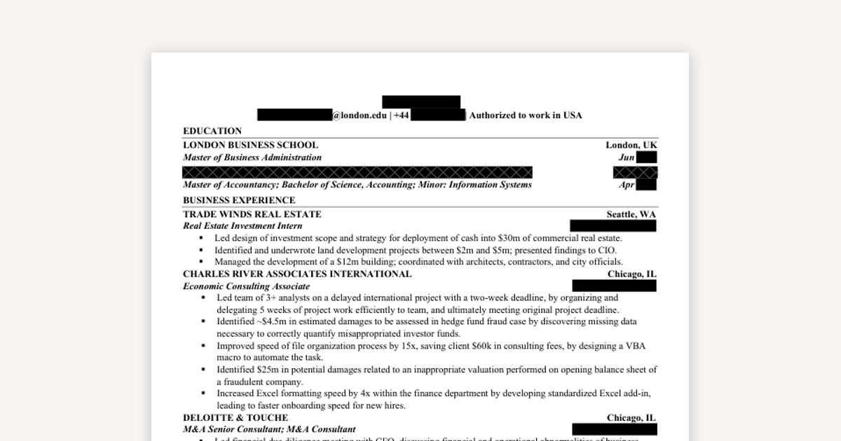 LBS MBA Resume Example: Consulting, Real Estate & Social Impact