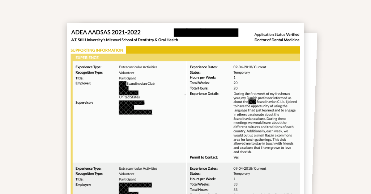 Example of an AADSAS Application-Activities Section