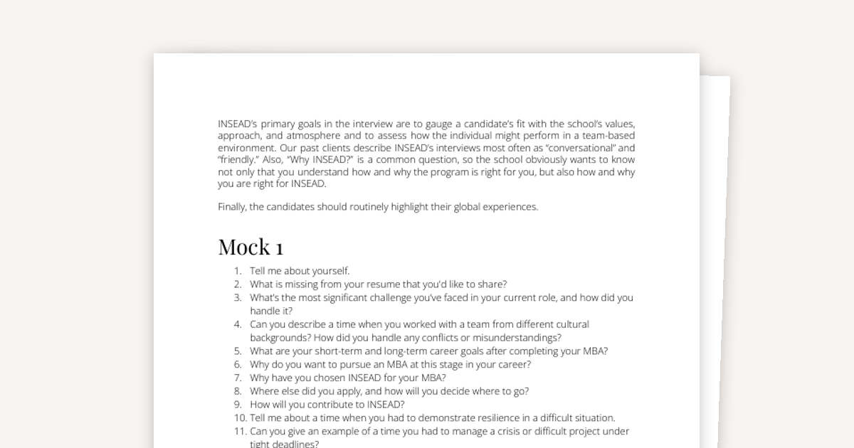 REAL INSEAD MBA Interview Mocks