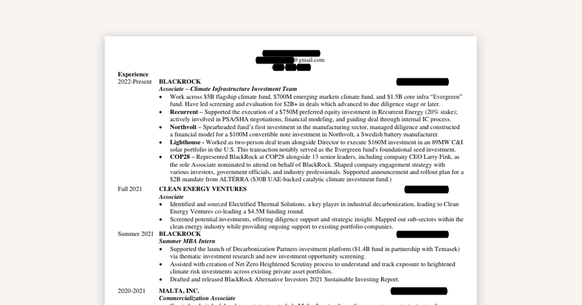 Example Resume - Climate Infrastructure & Renewable Energy
