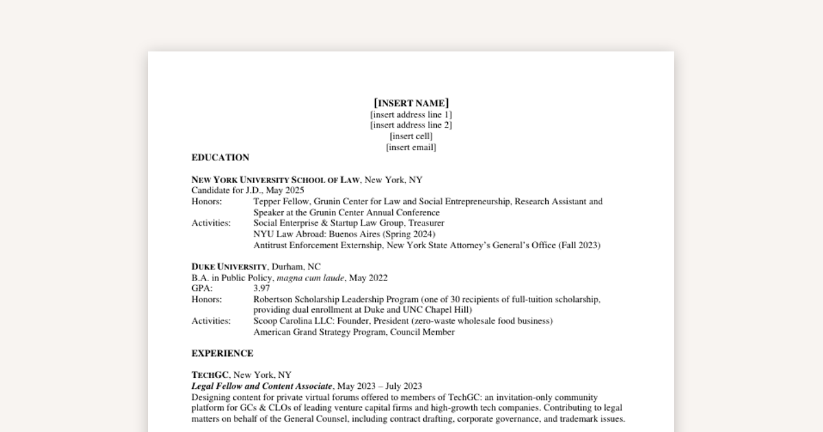 Example Resume - Current Law School Student Applying to BigLaw