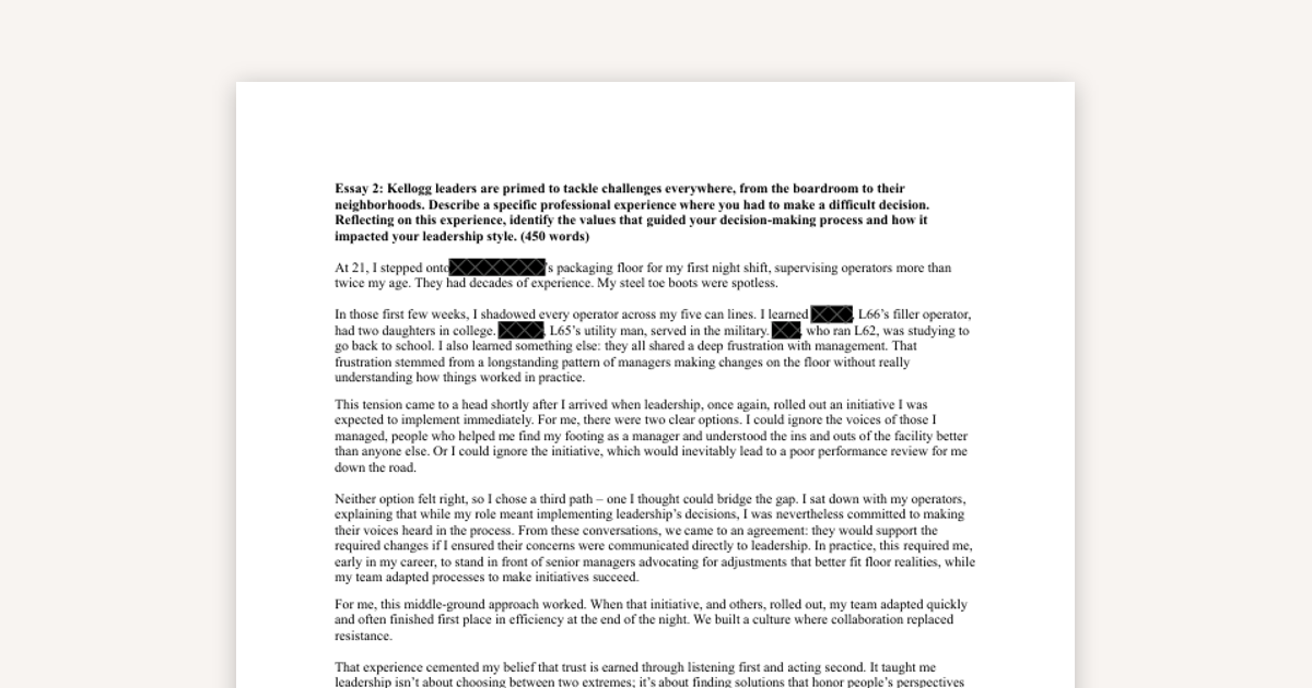 Accepted Kellogg Essay 2 Example