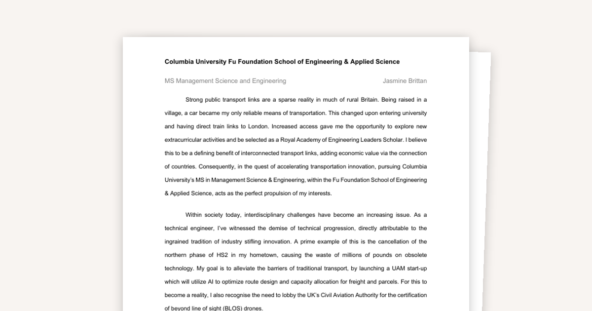 Columbia Uni M.S. Management Science & Engineering Accepted Essay