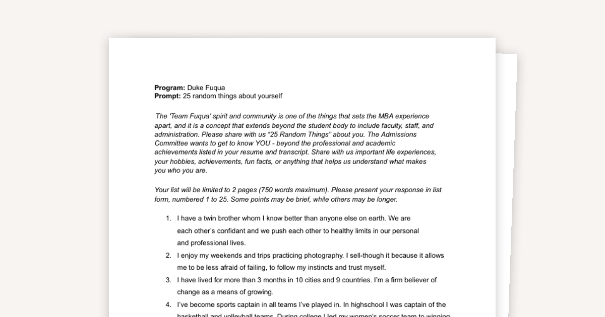 How to Write the Fuqua 25 Random Things Essay
