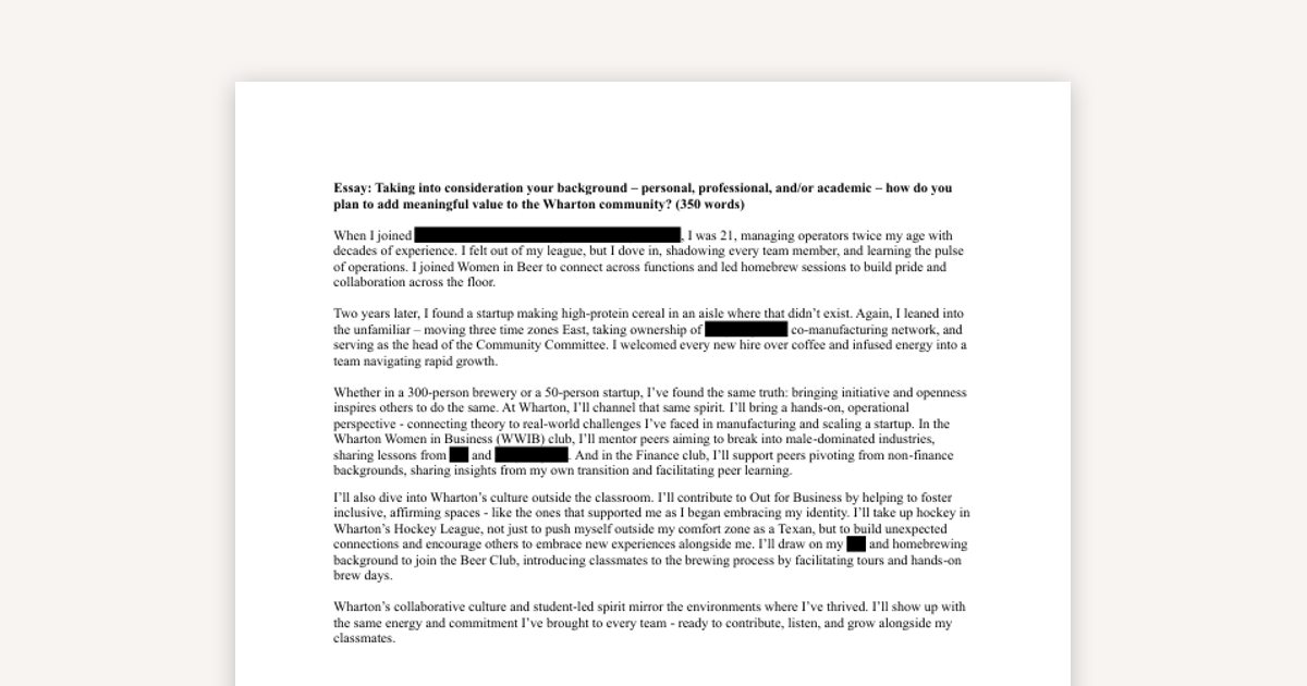 Example Admitted Wharton Essay