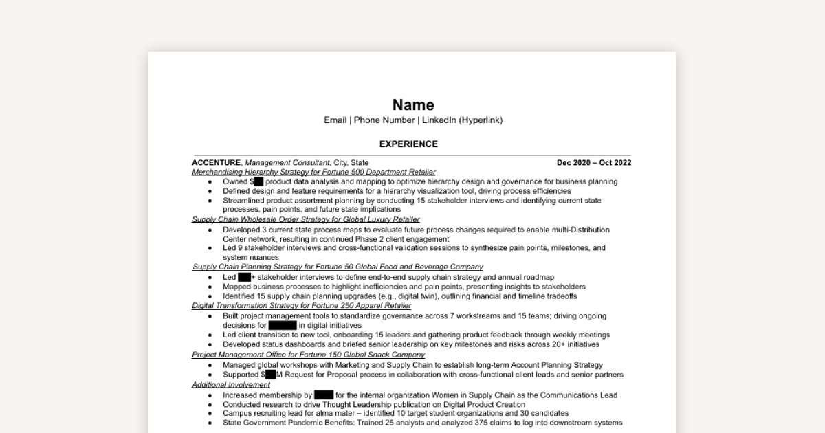 Example Product Manager (PM) Resume - Management Consulting Background