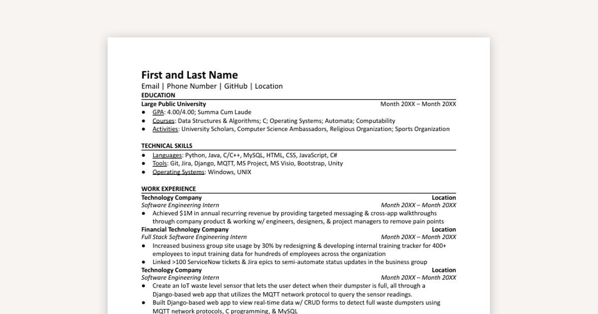 Microsoft Software Engineer Resume