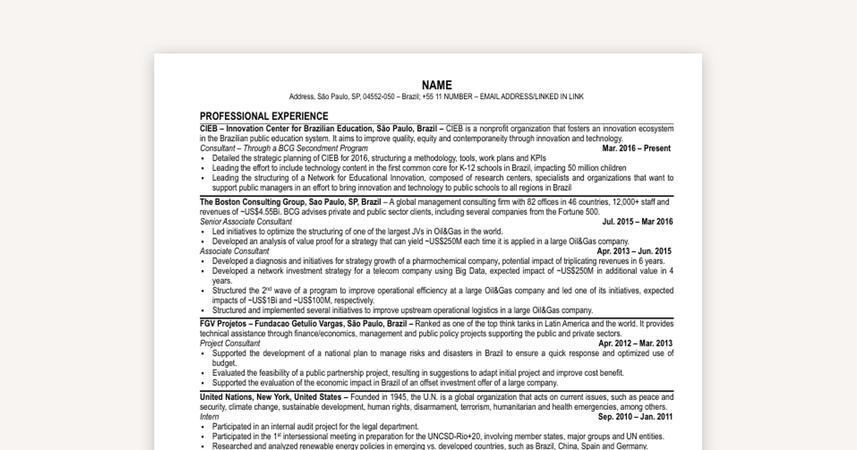 Sample Consulting to MBA CV