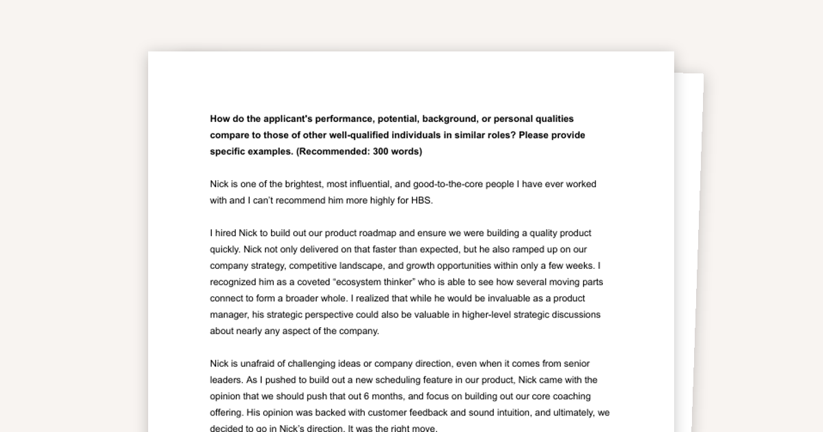 HBS Admit: Recommendation Letter Sample