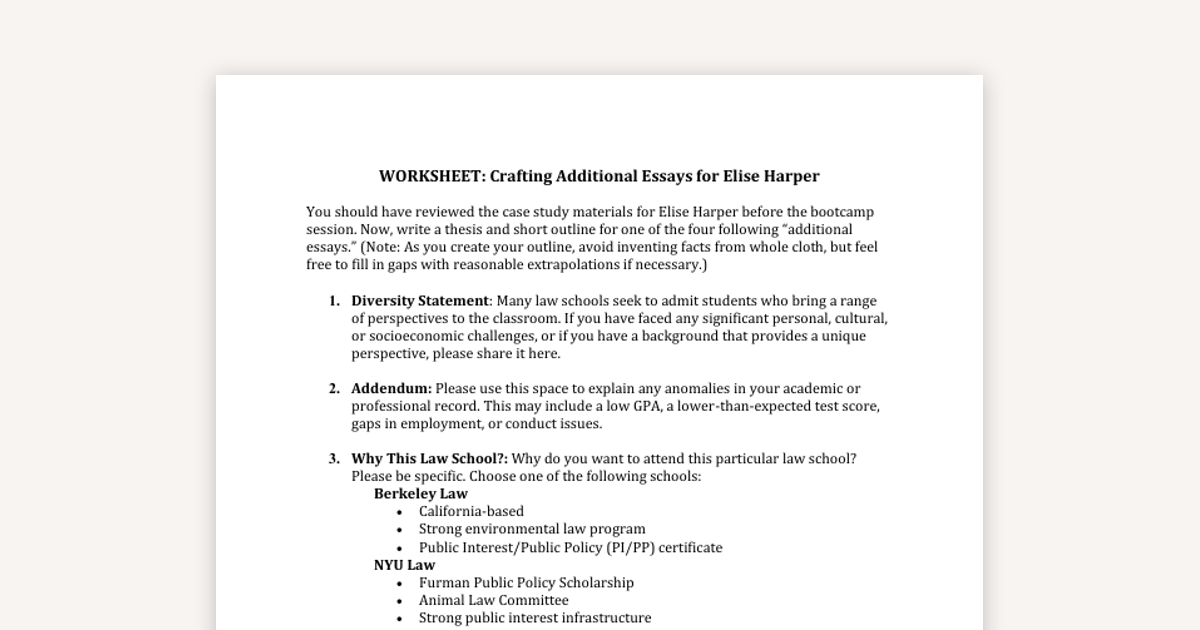 Additional Essays: Case Study Worksheet