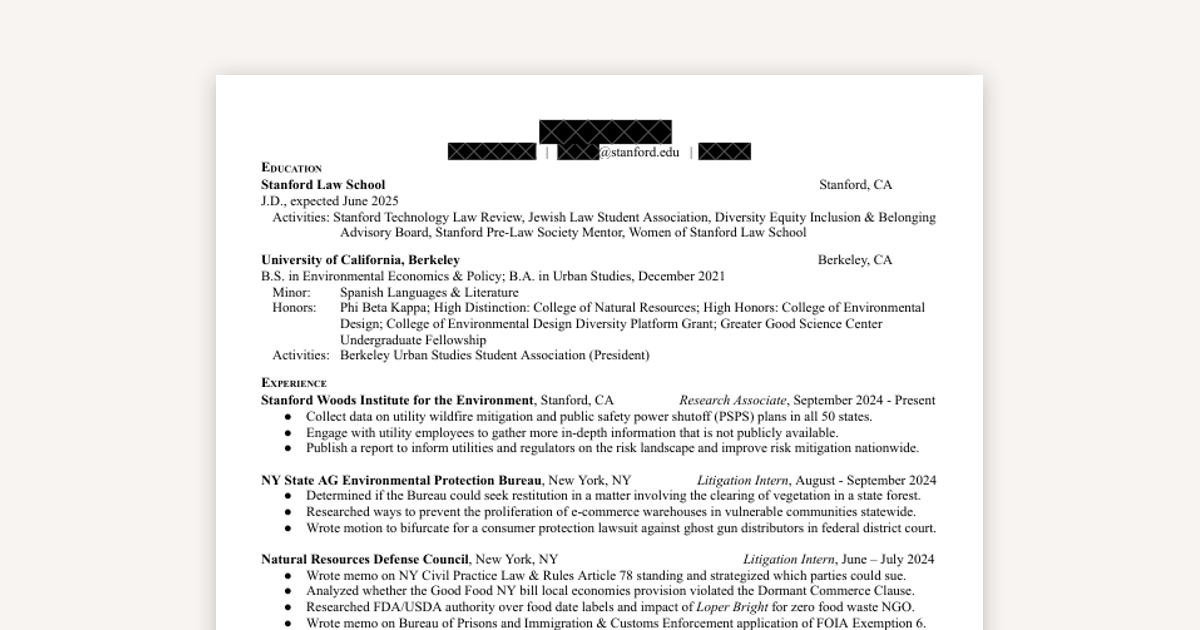 Example Resume from a Stanford Law Student