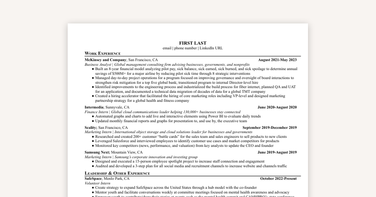 Google BizOps (AI Strategy) Resume (Offers at Tesla and AI Startup)