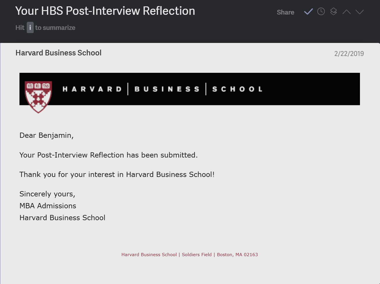 HBS Post-Interview Reflection Letter | 2027 Admit Example