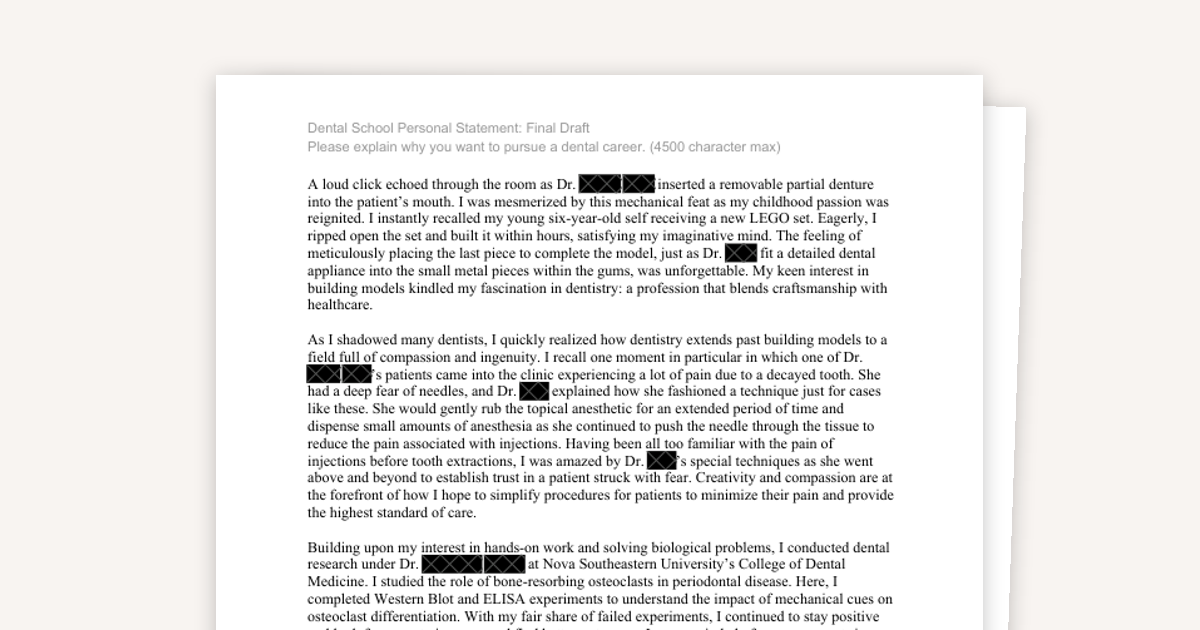 Personal Statement Example - Accepted to 15+ Dental Schools