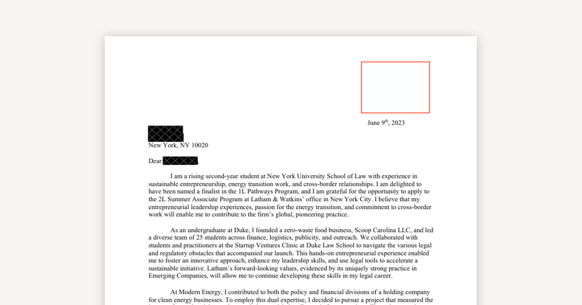 An Example of a Latham & Watkins Cover Letter for Emerging Companies Practice