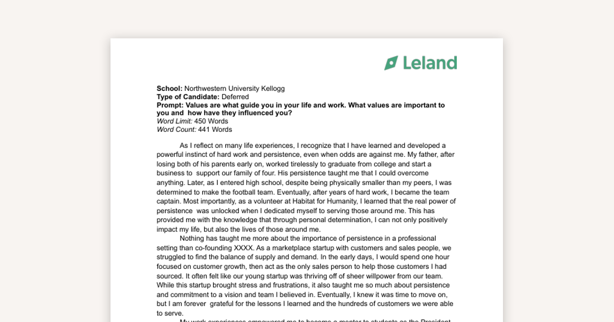 Example Kellogg Personal Statement - Persistence