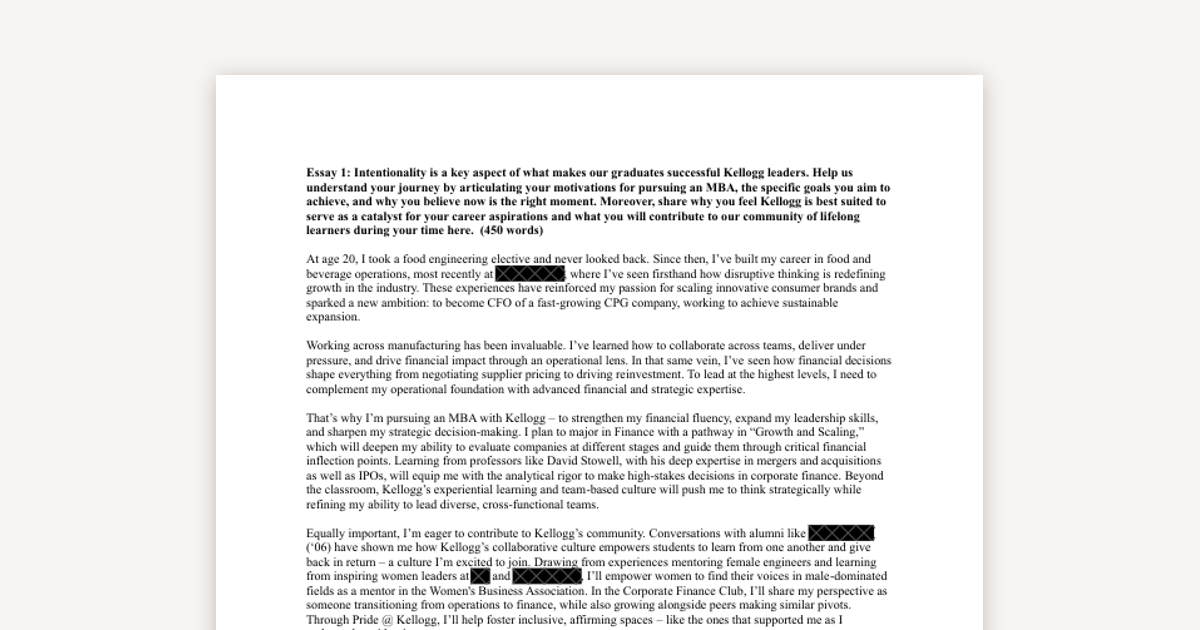 Accepted Kellogg Essay 1 Example