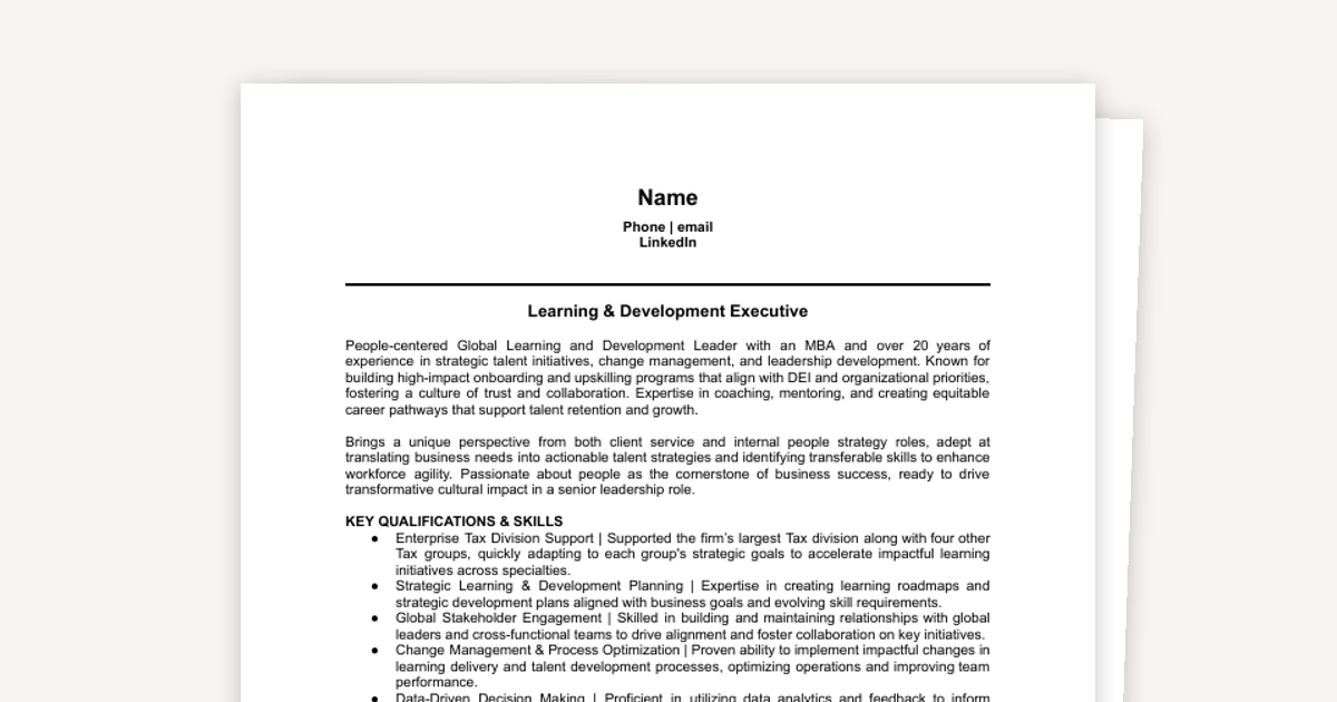 Learning & Development / HR Resume Example