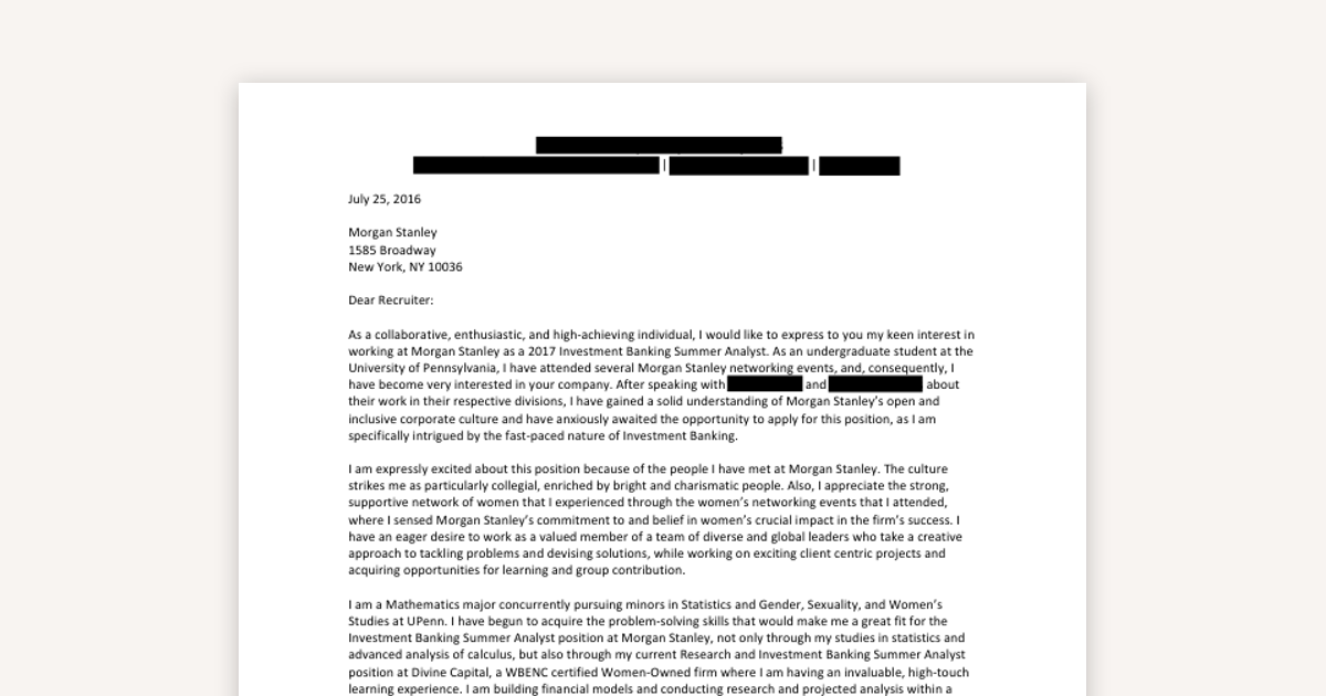 Example IB Cover Letter — Morgan Stanley Summer Analyst