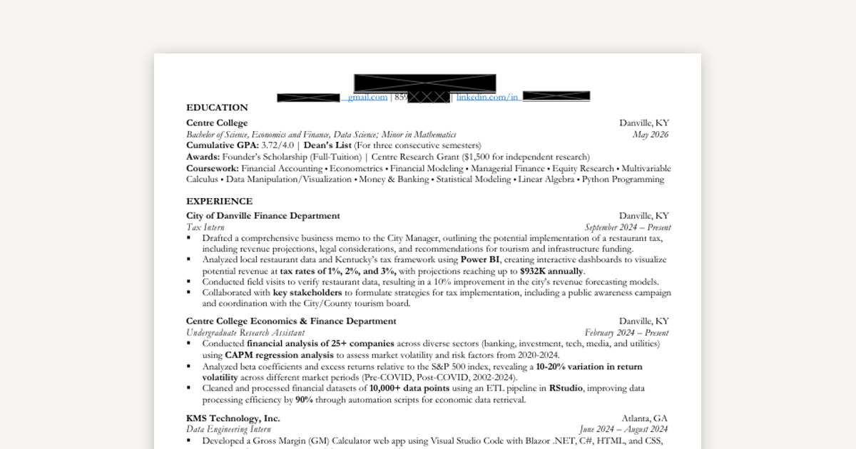 EY Finance Internship Resume: An Expert Example