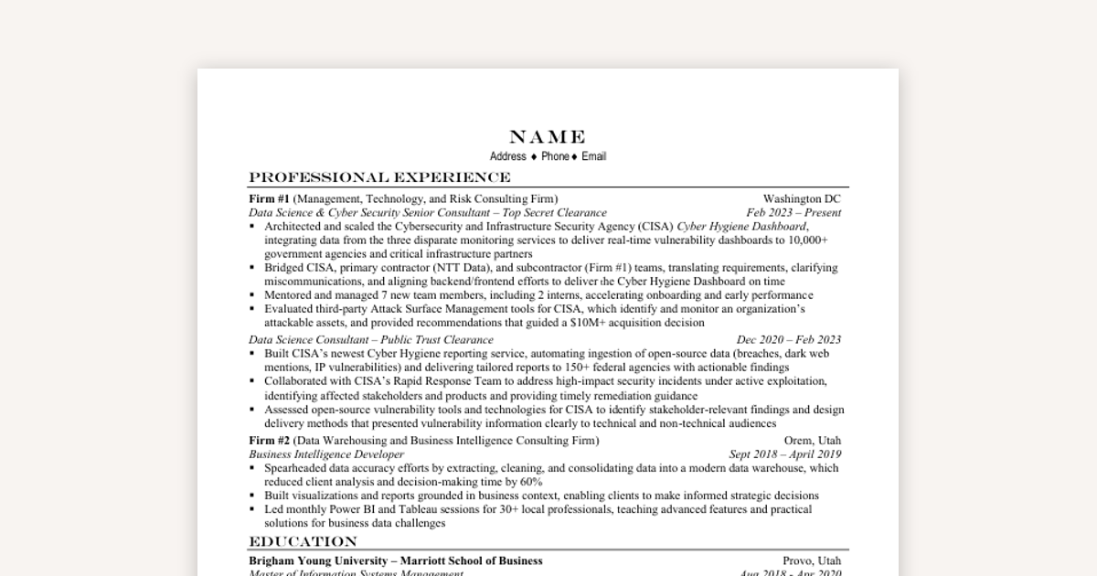 Tech Consulting Resume Example (Wharton/Kellogg/Tuck Admit)