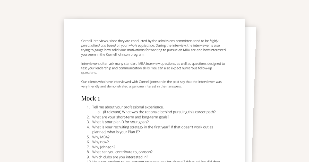 REAL Cornell Johnson MBA Interview Mocks