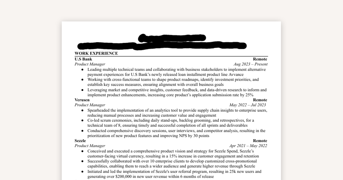 Example PM Resume - PM Intern to Product Leader