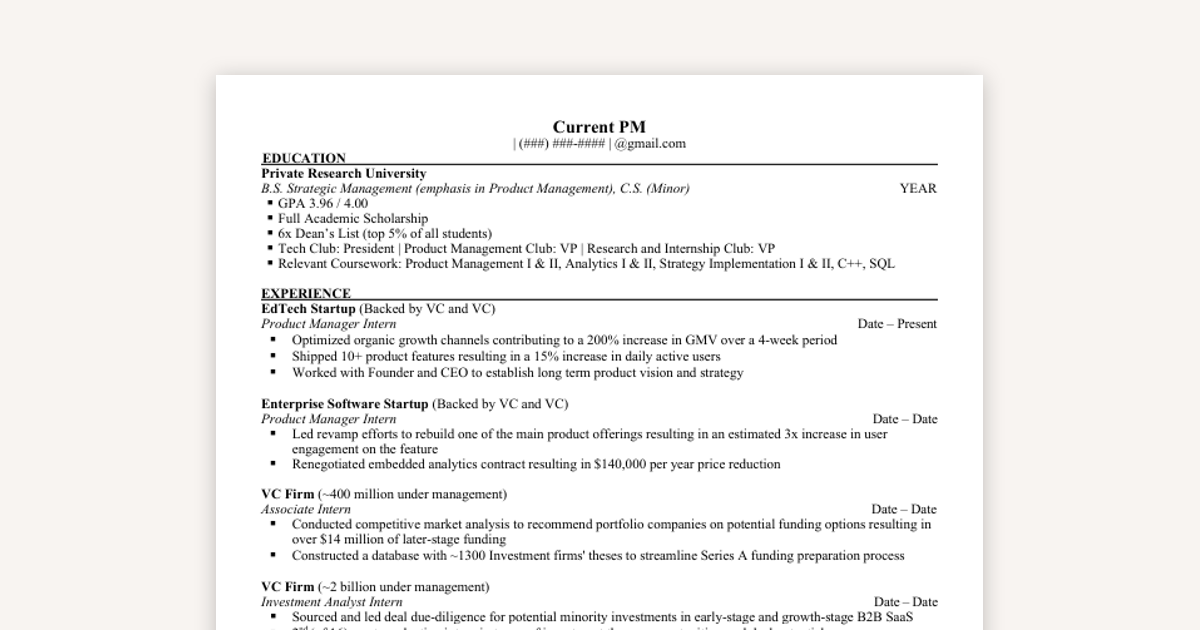 Example APM Intern Resume