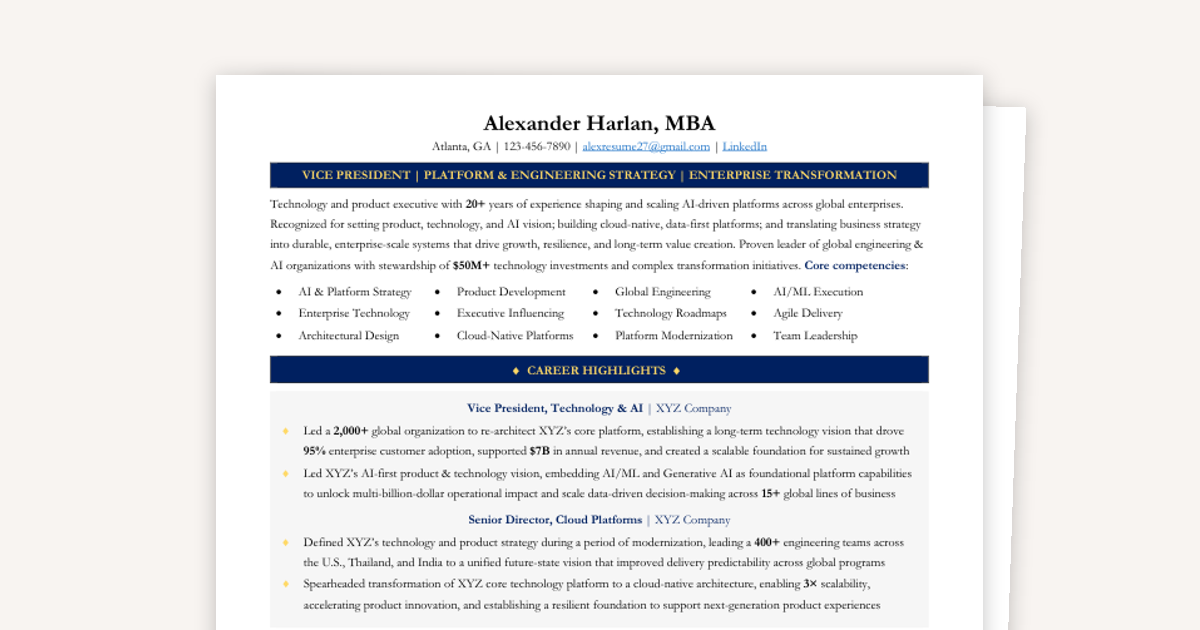 Executive Resume Template | Landed Exec Roles at F500 Companies