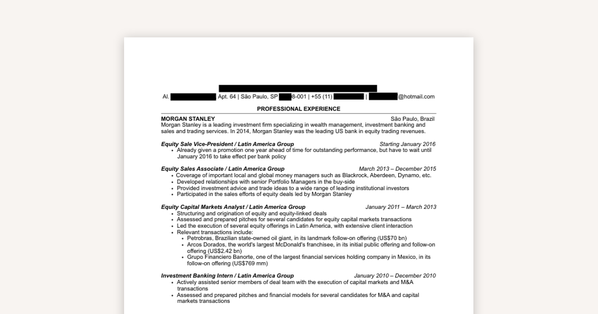 Sample Finance to MBA CV