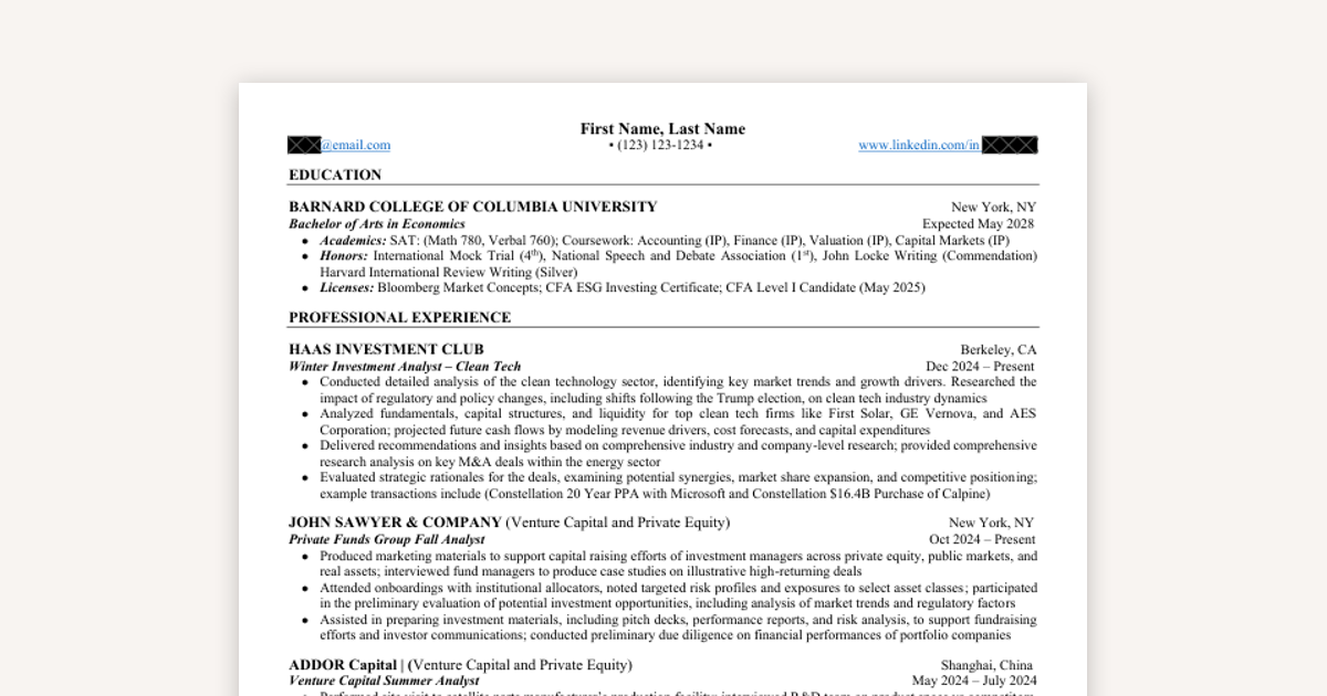 IB Resume Example from Wells Fargo IB Staffer