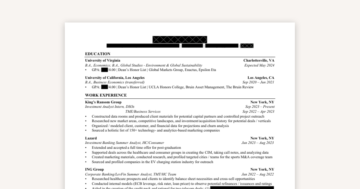 Lazard Analyst IB Resume Example
