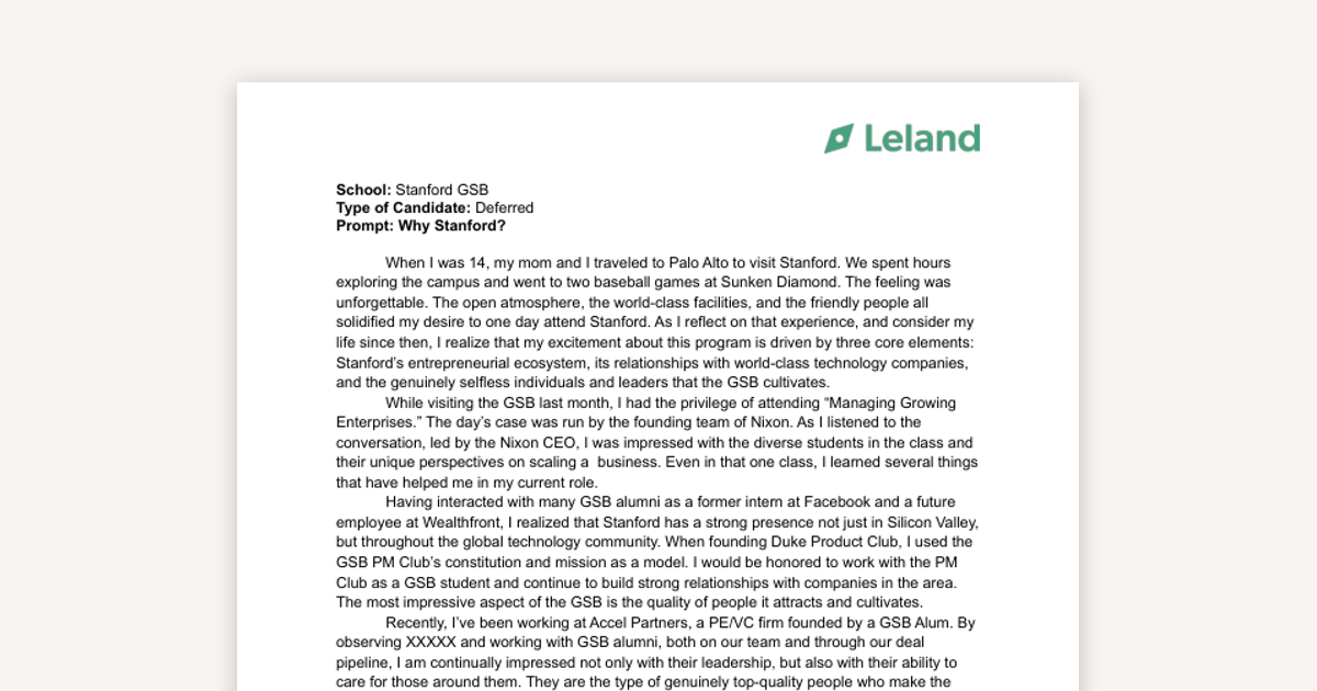 Why Stanford GSB? (Deferred Essay Example)